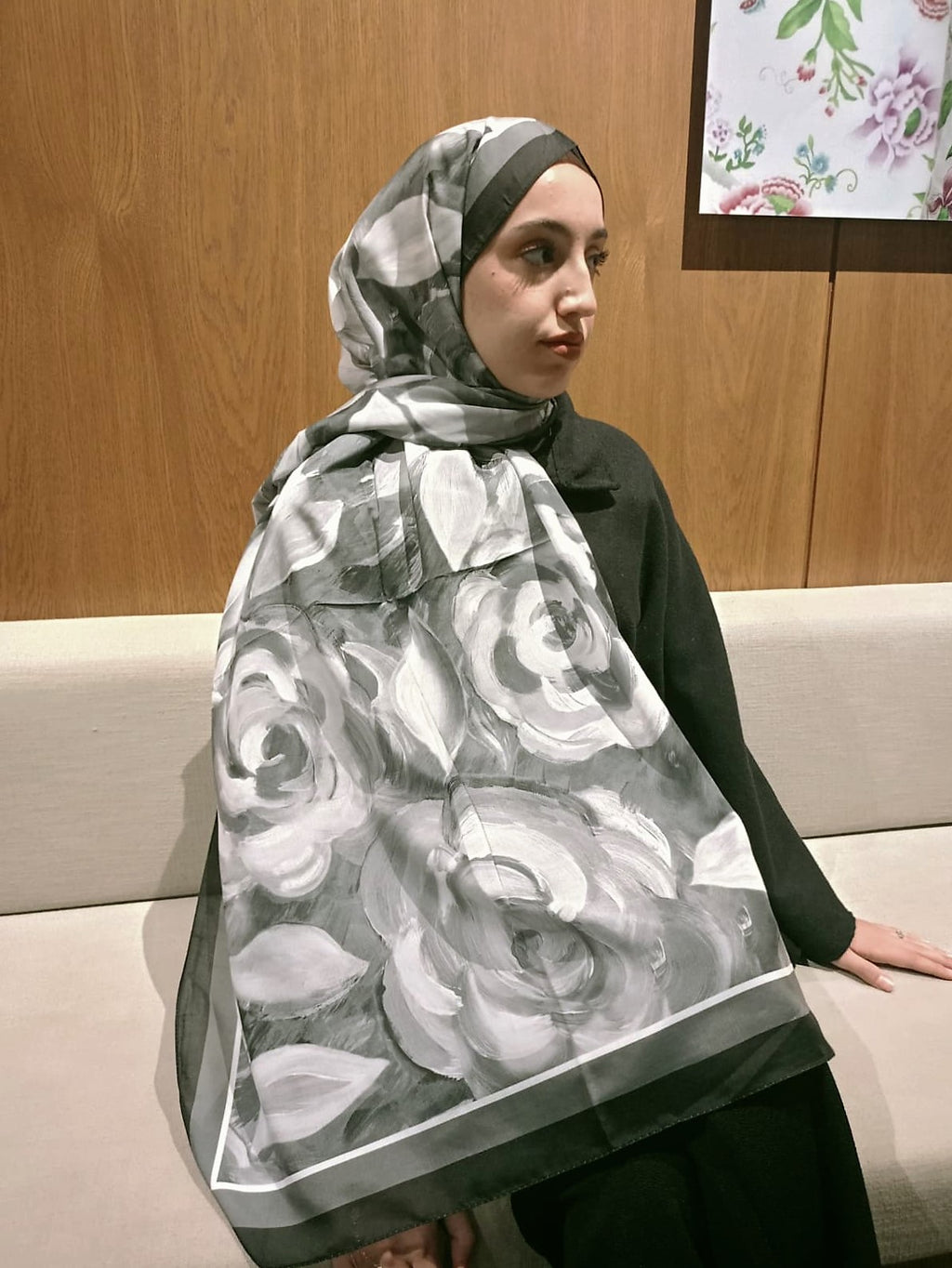 Gül Desen Pamuk Şal Siyah