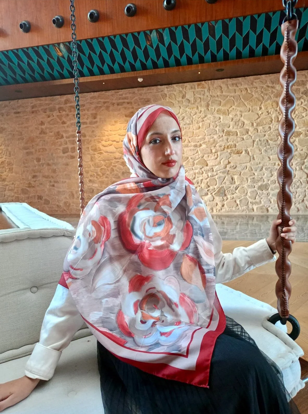 Çicek Desen Pamuk Şal Kırmızı