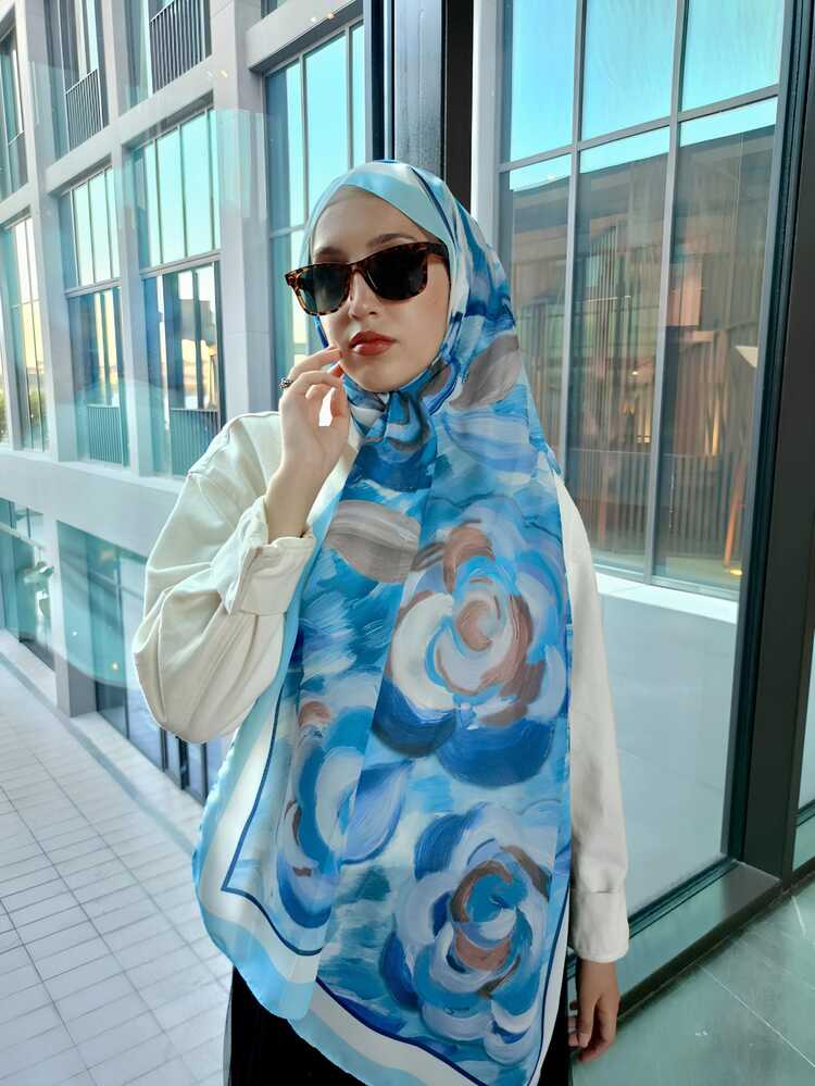 Yaprak Desen Pamuk Şal Mavi